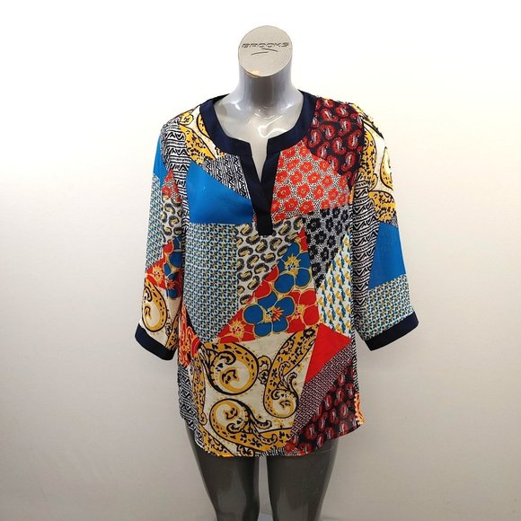 Annalee & Hope Women's V Neck Sheer Blouse Size Large Multicolored Patterned 3/4 - Picture 1 of 4